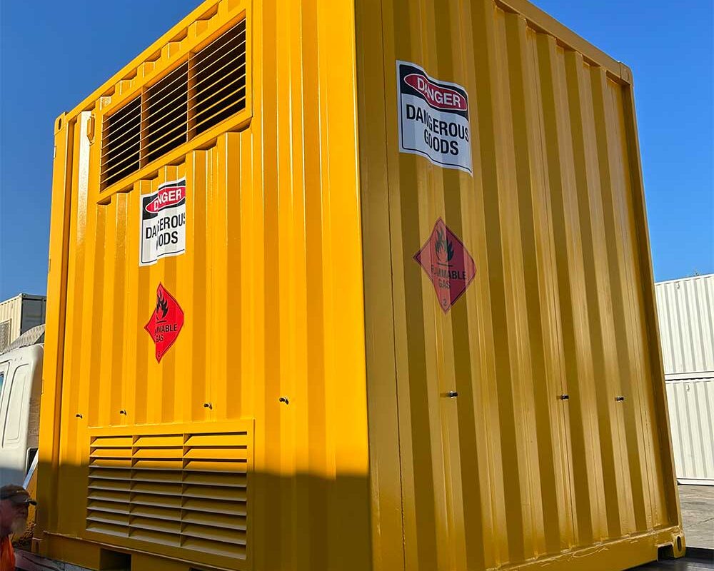 Customised, recycled shipping container for remote on-site storage of dangerous goods